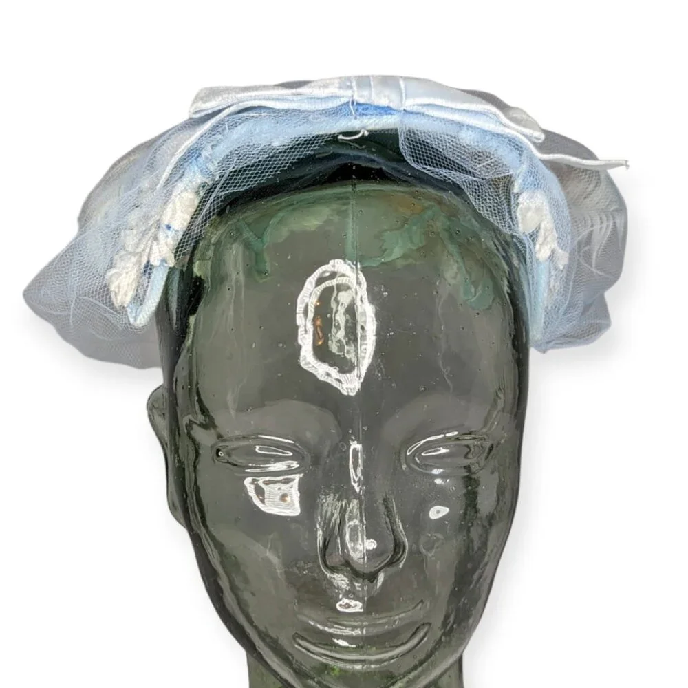 Vintage Light Blue with Feathers & Net Pinch Hat - Picture 2 of 9